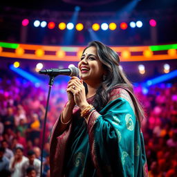 A portrait of Shreya Ghoshal, an Indian playback singer, performing on stage with a microphone in hand