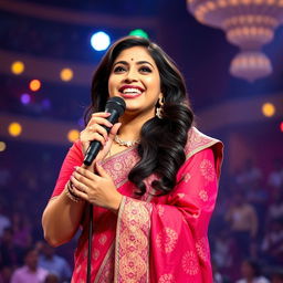 A portrait of Shreya Ghoshal, an Indian playback singer, performing on stage with a microphone in hand