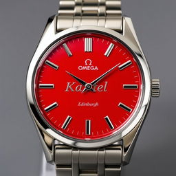 A quartz powered men's watch in the style of Omega, featuring a striking red face, inspired by Edinburgh