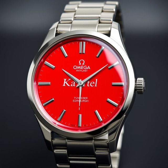 A quartz powered men's watch in the style of Omega, featuring a striking red face, inspired by Edinburgh