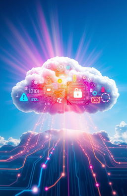 A futuristic digital cloud design concept, showcasing a vibrant and colorful cloud filled with various digital elements like circuits, binary codes, and glowing symbols representing data and technology