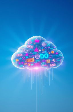 A futuristic digital cloud design concept, showcasing a vibrant and colorful cloud filled with various digital elements like circuits, binary codes, and glowing symbols representing data and technology