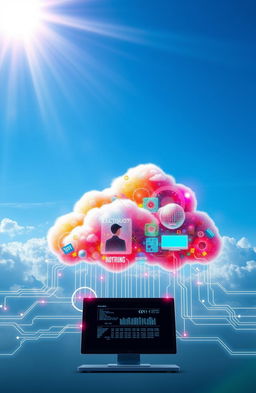 A futuristic digital cloud design concept, showcasing a vibrant and colorful cloud filled with various digital elements like circuits, binary codes, and glowing symbols representing data and technology