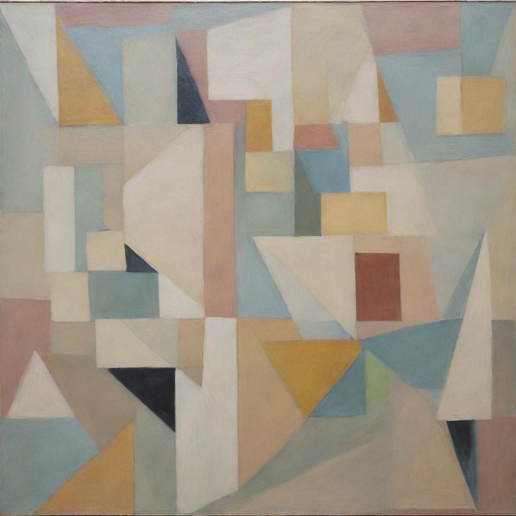 An abstract Cubist painting filled with geometric shapes and multiple perspectives, using a soft color palette.