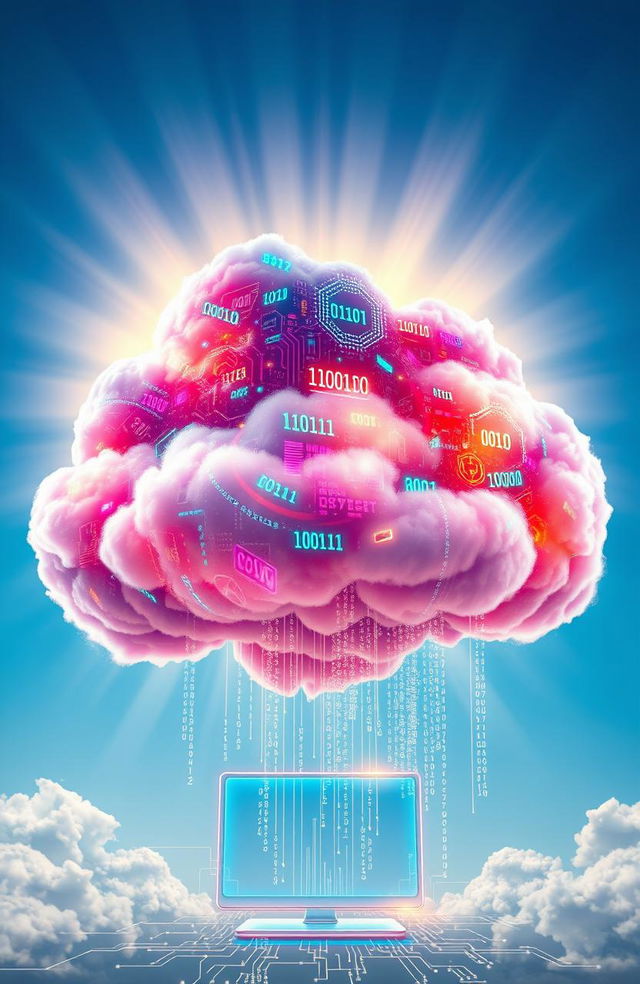 A futuristic digital cloud design concept, showcasing a vibrant and colorful cloud filled with various digital elements like circuits, binary codes, and glowing symbols representing data and technology