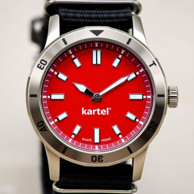 A quartz powered men's watch inspired by Timex, featuring a vibrant red face designed with influences from Edinburgh