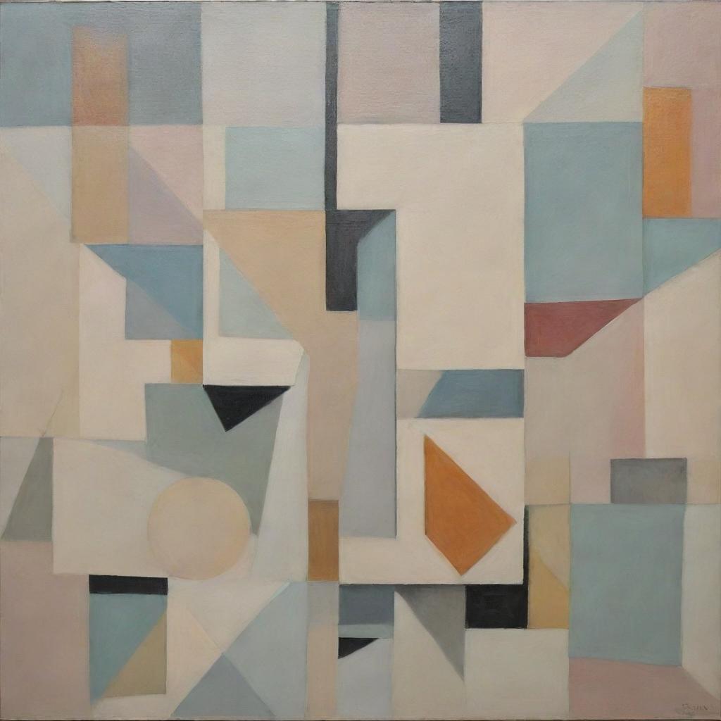 An abstract Cubist painting filled with geometric shapes and multiple perspectives, using a soft color palette.