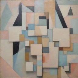 An abstract Cubist painting filled with geometric shapes and multiple perspectives, using a soft color palette.