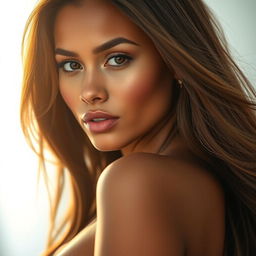 A realistic portrait of an attractive woman with skin tone matching her natural color, featuring an empowered expression and confident posture