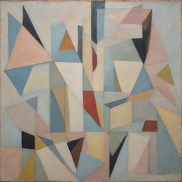 An abstract Cubist painting filled with geometric shapes and multiple perspectives, using a soft color palette.