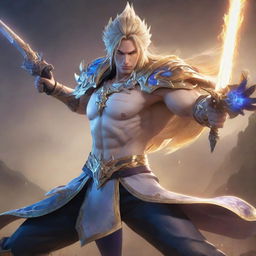 Fantasy art of Dyrroth, a character from Mobile Legends, in a dynamic battle pose with his stunning, ethereal sword against a dramatic backdrop.