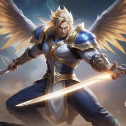 Fantasy art of Dyrroth, a character from Mobile Legends, in a dynamic battle pose with his stunning, ethereal sword against a dramatic backdrop.