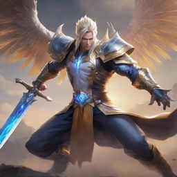 Fantasy art of Dyrroth, a character from Mobile Legends, in a dynamic battle pose with his stunning, ethereal sword against a dramatic backdrop.