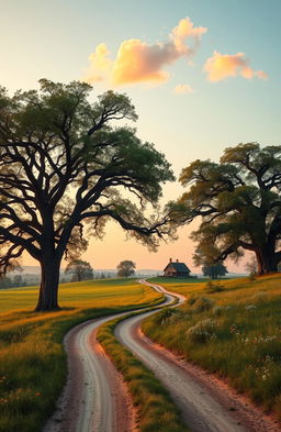 A serene, picturesque landscape depicting a winding dirt road lined with ancient oak trees, leading towards a charming cottage nestled in a lush green meadow