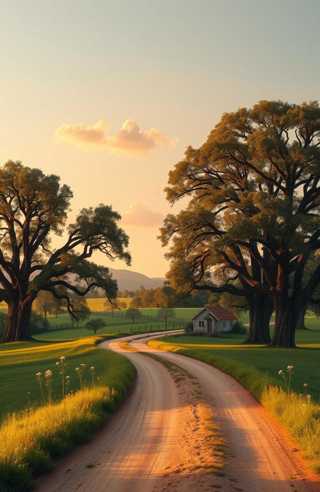 A serene, picturesque landscape depicting a winding dirt road lined with ancient oak trees, leading towards a charming cottage nestled in a lush green meadow