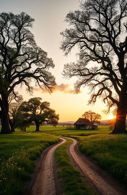 A serene, picturesque landscape depicting a winding dirt road lined with ancient oak trees, leading towards a charming cottage nestled in a lush green meadow