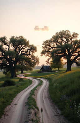 A serene, picturesque landscape depicting a winding dirt road lined with ancient oak trees, leading towards a charming cottage nestled in a lush green meadow