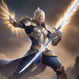 Fantasy art of Dyrroth, a character from Mobile Legends, in a dynamic battle pose with his stunning, ethereal sword against a dramatic backdrop.