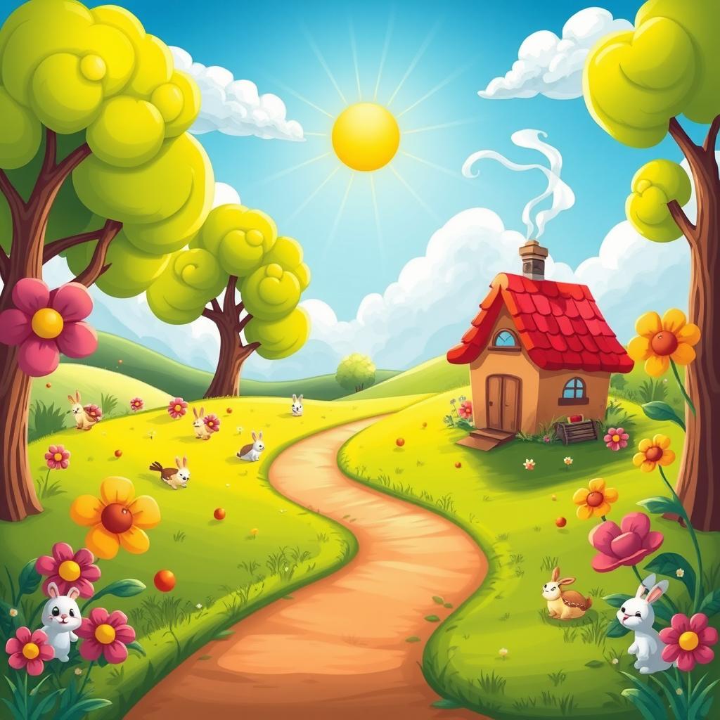 A colorful and whimsical cartoon landscape depicting a winding grassy path that leads home