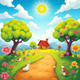 A colorful and whimsical cartoon landscape depicting a winding grassy path that leads home