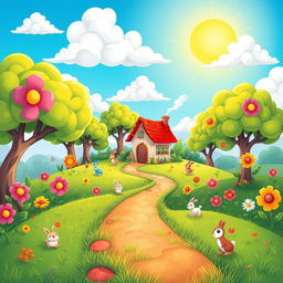 A colorful and whimsical cartoon landscape depicting a winding grassy path that leads home