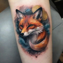 An intricately designed tattoo featuring a clever fox amongst swirling mists, mysteriously generating gold coins, all immersed in a blend of abstract and realism art style.