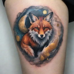 An intricately designed tattoo featuring a clever fox amongst swirling mists, mysteriously generating gold coins, all immersed in a blend of abstract and realism art style.