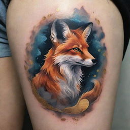 An intricately designed tattoo featuring a clever fox amongst swirling mists, mysteriously generating gold coins, all immersed in a blend of abstract and realism art style.