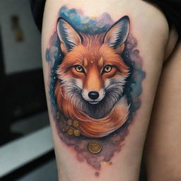 An intricately designed tattoo featuring a clever fox amongst swirling mists, mysteriously generating gold coins, all immersed in a blend of abstract and realism art style.