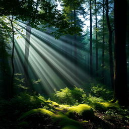 A serene forest scene with rays of white light filtering through the dense canopy of trees, illuminating the lush green foliage below