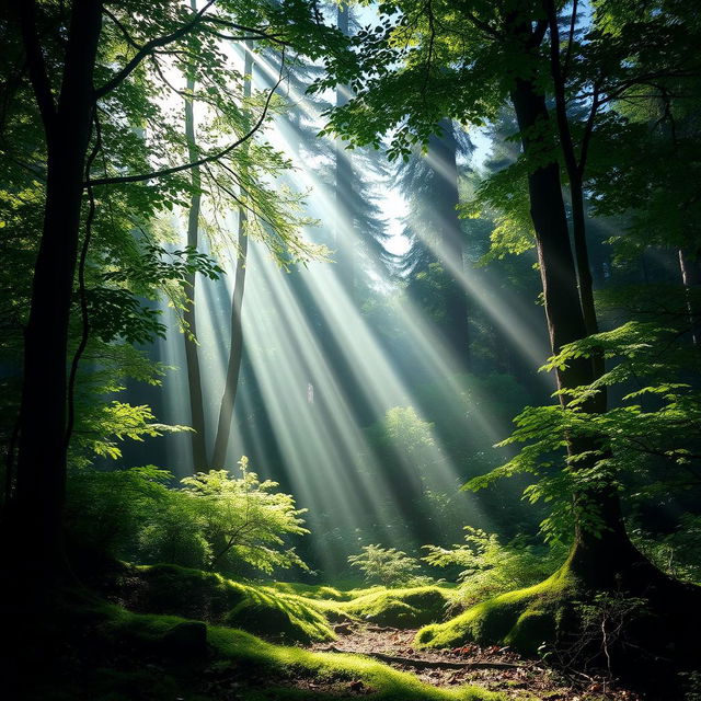 A serene forest scene with rays of white light filtering through the dense canopy of trees, illuminating the lush green foliage below