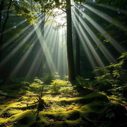 A serene forest scene with rays of white light filtering through the dense canopy of trees, illuminating the lush green foliage below