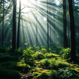 A serene forest scene with rays of white light filtering through the dense canopy of trees, illuminating the lush green foliage below