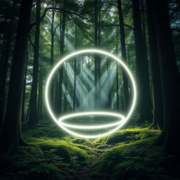 A mystical forest scene featuring a moving circle of white light gliding gracefully among the trees