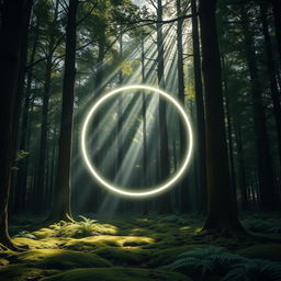 A mystical forest scene featuring a moving circle of white light gliding gracefully among the trees