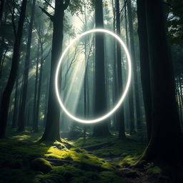 A mystical forest scene featuring a moving circle of white light gliding gracefully among the trees