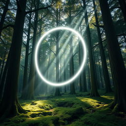 A mystical forest scene featuring a moving circle of white light gliding gracefully among the trees