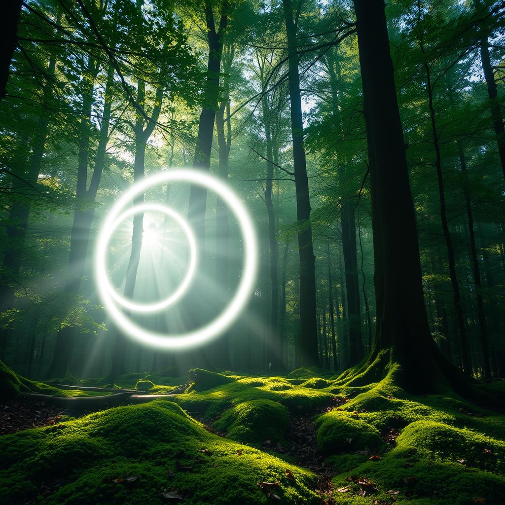 A captivating forest scene showcasing a luminous circle of white light moving gracefully through the trees