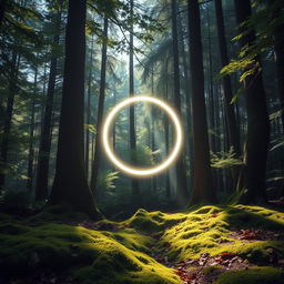 A captivating forest scene showcasing a luminous circle of white light moving gracefully through the trees