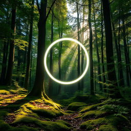 A captivating forest scene showcasing a luminous circle of white light moving gracefully through the trees