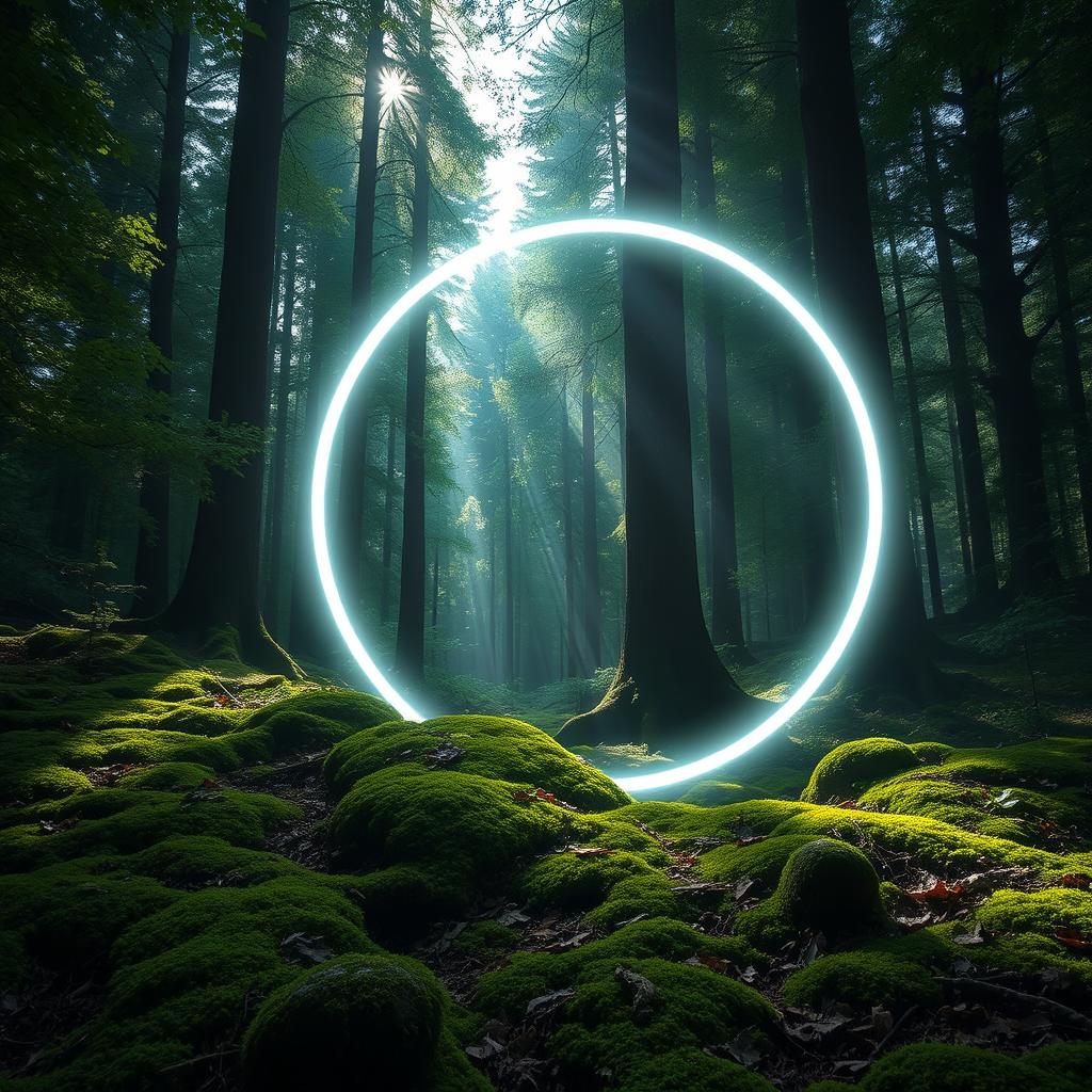 A captivating forest scene showcasing a luminous circle of white light moving gracefully through the trees