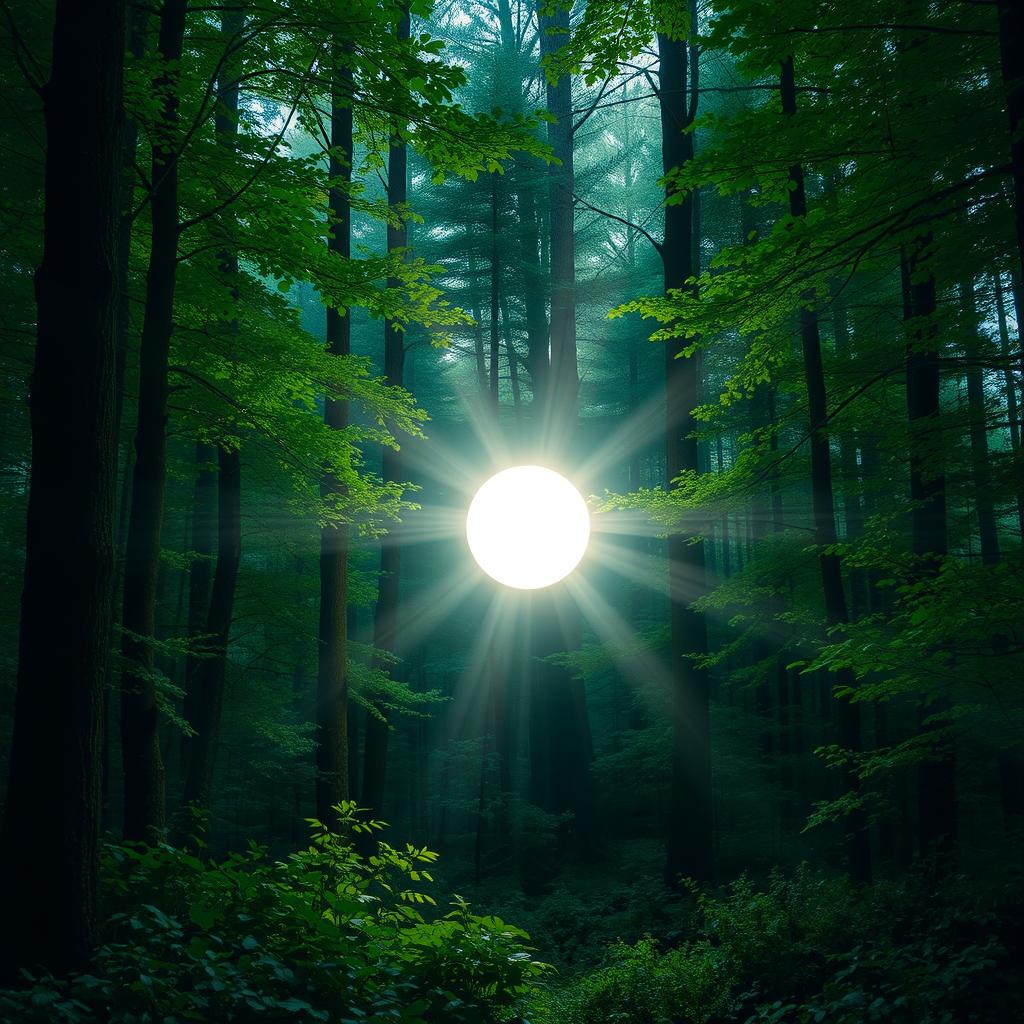 A captivating forest scene featuring a glowing white ball of light moving gracefully through the trees