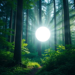 A captivating forest scene featuring a glowing white ball of light moving gracefully through the trees