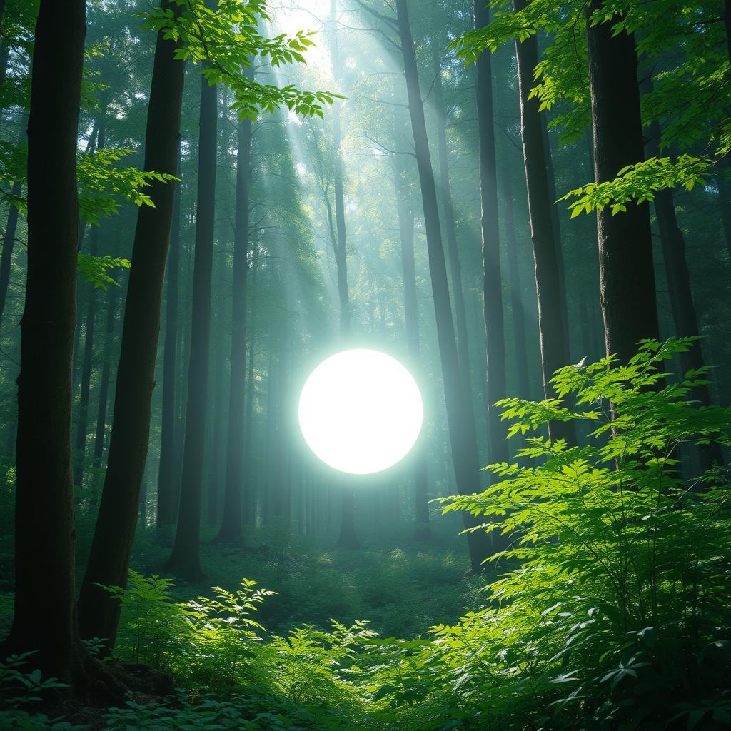 A captivating forest scene featuring a glowing white ball of light moving gracefully through the trees