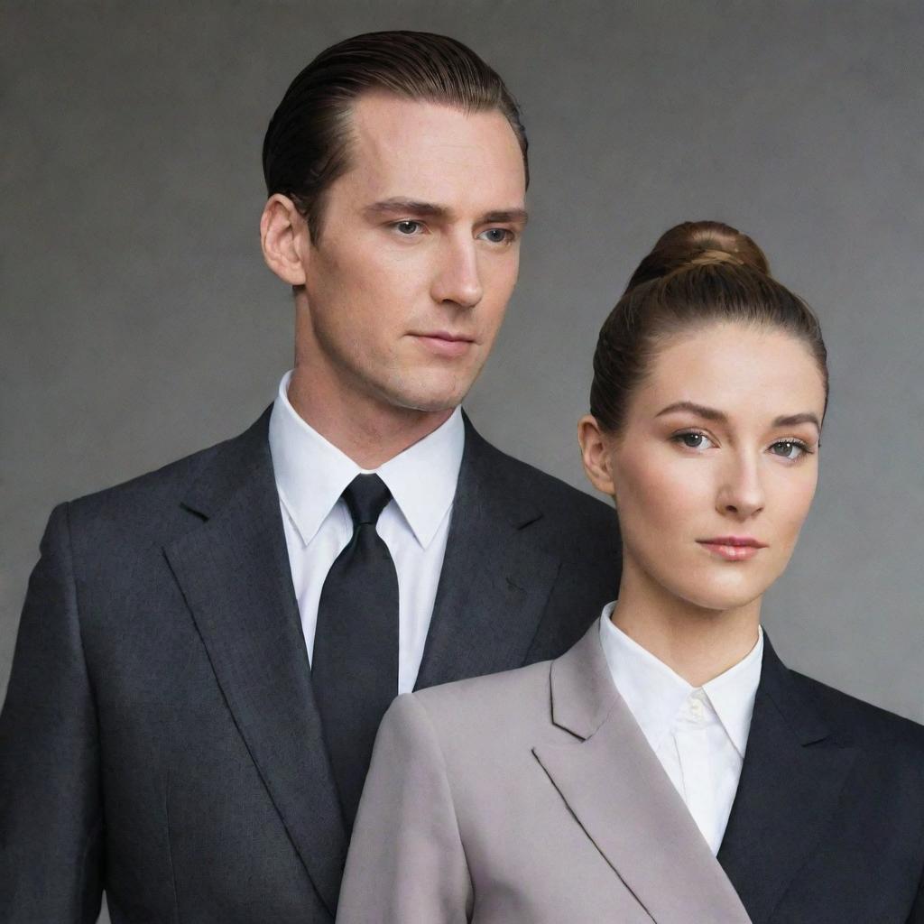 A faceless man in a sleek side parted hairstyle, wearing a professional office suit, stands next to a faceless woman. She sports a ponytail and is adorned in a nanny's uniform.