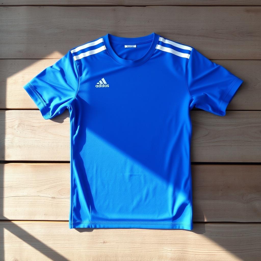 A vibrant blue jersey, made from lightweight, breathable fabric, featuring short sleeves and a modern fit