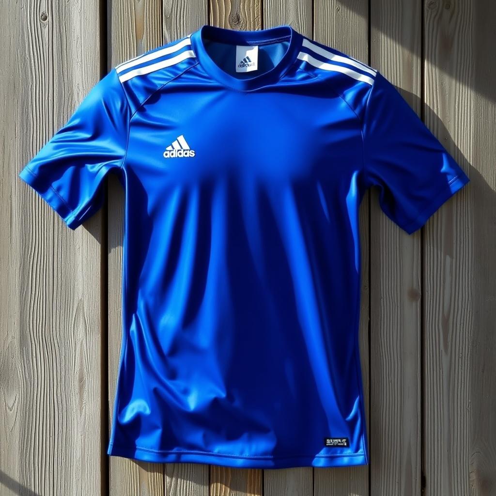 A vibrant blue jersey, made from lightweight, breathable fabric, featuring short sleeves and a modern fit