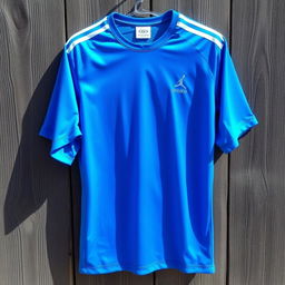 A vibrant blue jersey, made from lightweight, breathable fabric, featuring short sleeves and a modern fit