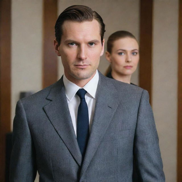 A faceless man in a sleek side parted hairstyle, wearing a professional office suit, stands next to a faceless woman. She sports a ponytail and is adorned in a nanny's uniform.