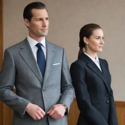 A faceless man in a sleek side parted hairstyle, wearing a professional office suit, stands next to a faceless woman. She sports a ponytail and is adorned in a nanny's uniform.